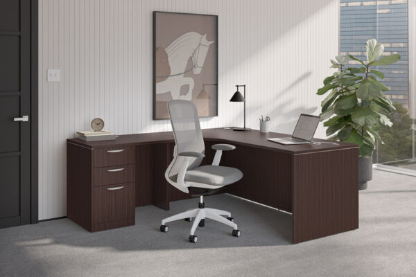 Konfurb Crescent Mid-Back Executive Chair w/Weight-Activated Synchro-Tilt, Fabric & Mesh - White & Gray - Image 6