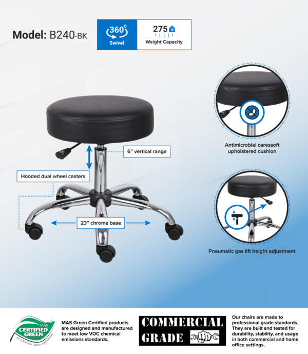 Be Well Medical Spa Professional Adjustable Stool, Vinyl - Black - Image 2
