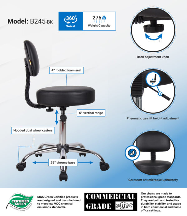 Be Well Medical Spa Professional Adjustable Stool w/Back, Vinyl - Black - Image 4