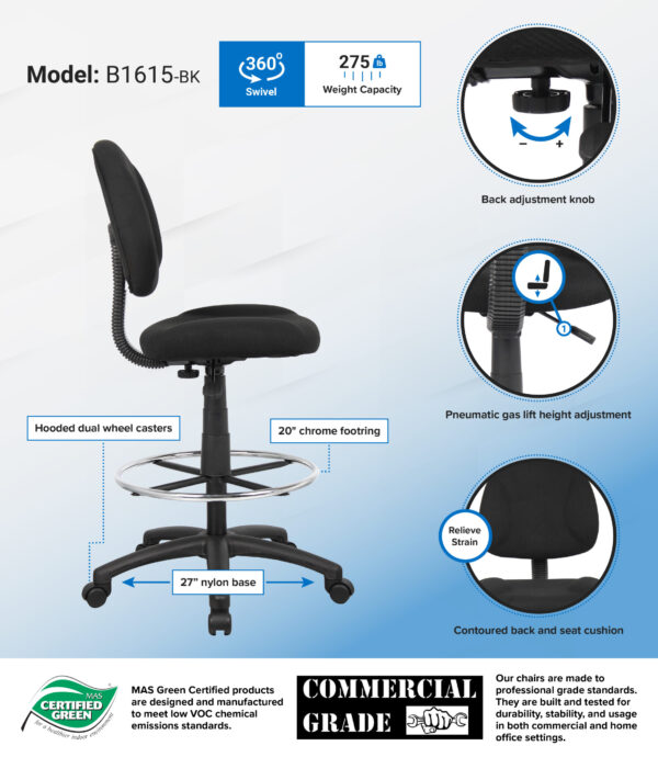 Ergonomic Works Adjustable Drafting Chair, Tweed - Black - Image 4
