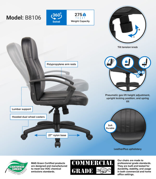 Executive Leather Budget Chair, Leather - Black - Image 4