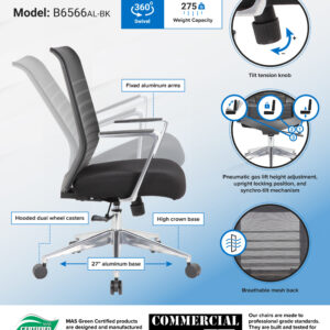 Horizontal Task Chair w/Synchro-Tilt Mechanism & Aluminum Arms/Base, Mesh - Black