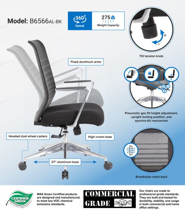 Horizontal Task Chair w/Synchro-Tilt Mechanism & Aluminum Arms/Base, Mesh - Black - Image 4