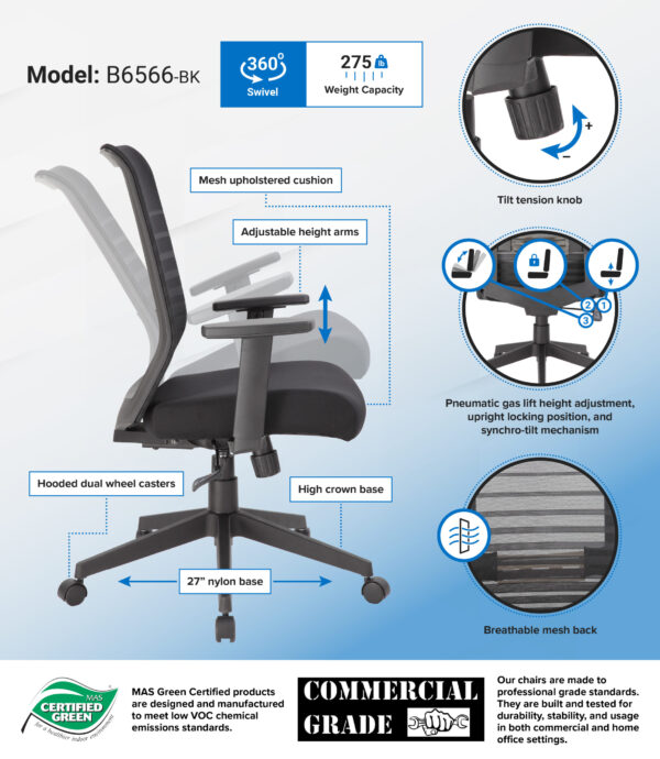 Horizontal Task Chair w/Synchro-Tilt Mechanism, Mesh - Black - Image 4