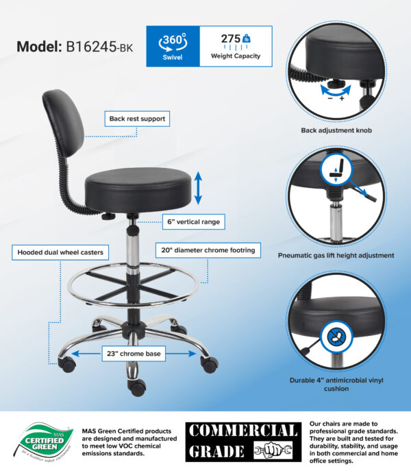 Office Medical/Drafting Stool w/Back, Vinyl - Black - Image 4