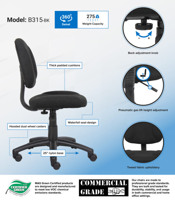 Perfect Posture Deluxe Office Task Chair, Tweed - Black - Image 4