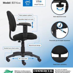 Perfect Posture Deluxe Office Task Chair w/Adjustable Arms, Tweed - Black