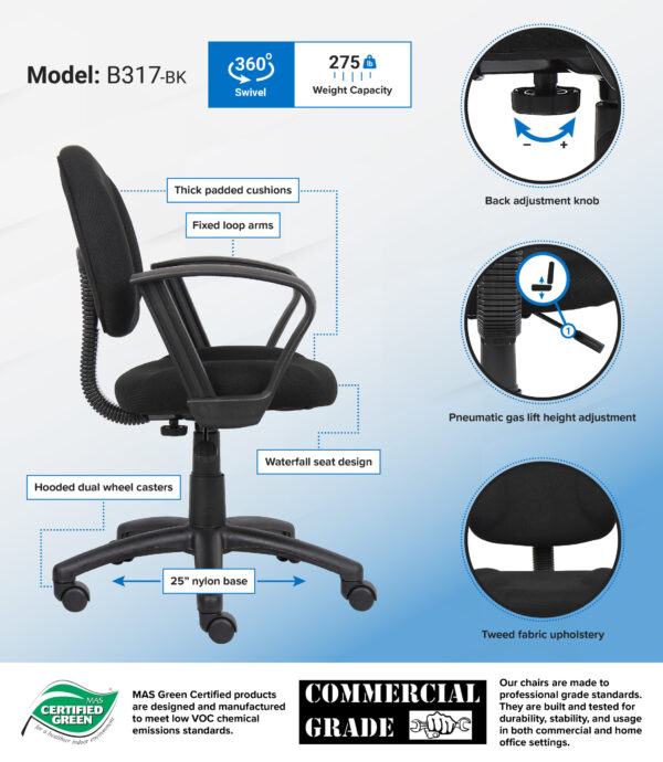 Perfect Posture Deluxe Office Task Chair w/Loop Arms, Tweed - Black - Image 4