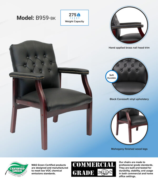 Traditional Guest, Accent or Dining Chair w/Mahogony Finish, Vinyl - Black - Image 4
